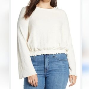 Madewell Flare Sleeve Texture & Thread Cream Lettuce Hem Cotton Crop Top Size L‎